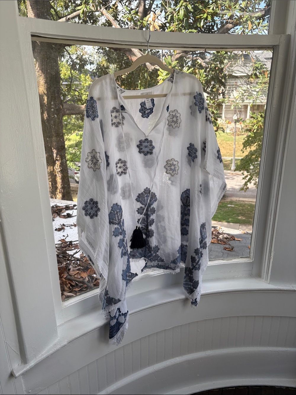 J. Jill White Sheer Cape with Blue Floral Embroidery